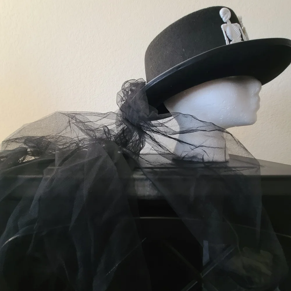 Steampunk Skeleton blk Top Hat W/ Long Veil Adult o/s